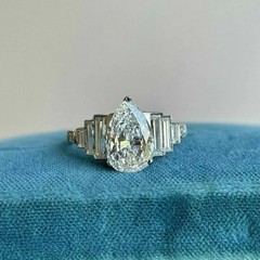 Vintage Lab Created Diamond 4CT Pear Art Deco Tapered Baguette Ring 14K Gold FN