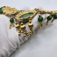 VTG Designer Dragon Statement Necklace, Gold-Tone Metal with Faux Jade Beads