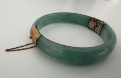 Vintage Genuine Natural Jadeite Jade Hinged Bangle Bracelet 60mm Safety Chain