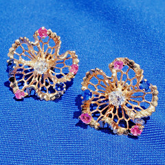 Original EARTH MINED DIAMOND Sapphire Ruby Deco Earrings Vintage SOLID 14K GOLD