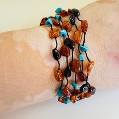 Baltic Amber Turquoise Bracelet multi strand BOHO Genuine Natural Beads 6.5″L
