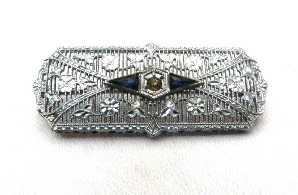 ART DECO 10K WHITE GOLD ANTIQUE VINTAGE FAUX SAPPHIRE DIAMOND FILIGREE PIN 4.4GR