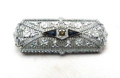 ART DECO 10K WHITE GOLD ANTIQUE VINTAGE FAUX SAPPHIRE DIAMOND FILIGREE PIN 4.4GR