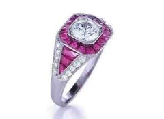 Art Deco Style Lab Created Diamond & Sapphire Engagement 14K White Gold FN Ring