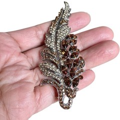 VTG Statement Leaf Floral Brooch 3.5 Inch Amber Brown Rhinestone Crystal Rhodium