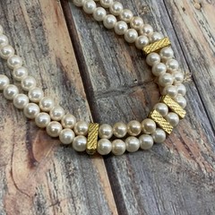 Vintage 80s faux pearl rhinestone double strand necklace in gold tone metal