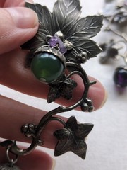 Vintage 60s Grape Vine Clip On Earrings And Matching Brooch, Silver Tone