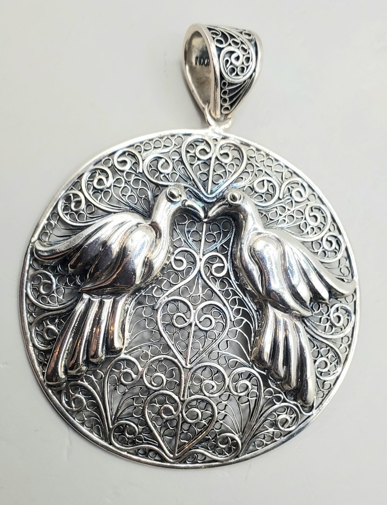925 Sterling Silver Indonesia GEMALA JEWELRY Love Birds Filigree Pendant 14.5 Gr