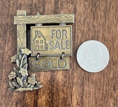 Fun Vintage JJ Jonette Bronze Tone For Sale Realtor House For Sale Sign Brooch