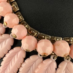 Vintage Pink Leaf Fringe Choker Necklace Carved Acrylic Beaded Chain Cha Cha