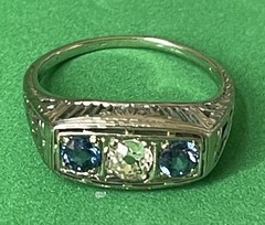 18k White Gold Art Deco Natural European Cut Diamond & Sapphire Ring