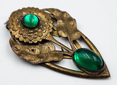 Green Glass Cabochon Floral Brass Fur Dress Clip Leaves 2.5 In Vintage