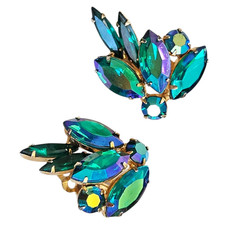 Vintage Weiss Rhinestone Brooch and Clip On Earrings Set Peacock Green Jewelry