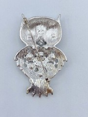 B7-727 VINTAGE BROOCH SILVER PIN 2″ RHINESTONE CRYSTAL OWL BIRD ANIMAL