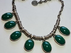 Vintage Old Pawn Necklace w 1″ Green Stones, Hand Made Coin Silver Settings 18″