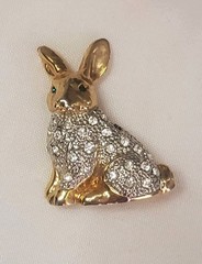 Vintage Rhinestone Bunny Rabbit Pin Brooch Gold Tone Accents