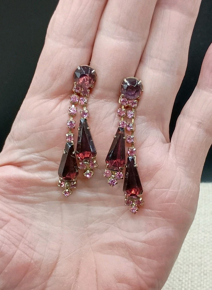 Victorian Revival Pink Purple Rhinestone Earrings Gold Tone Tassel Screw Back