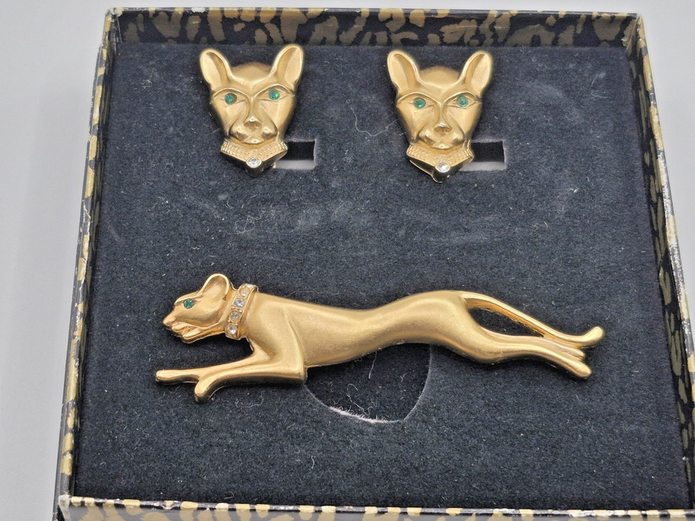 VTG JACKIE COLLINS Panther Set In Box Brooch Clip Earrings Gold Tone Rhinestones