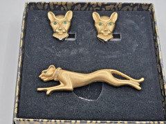 VTG JACKIE COLLINS Panther Set In Box Brooch Clip Earrings Gold Tone Rhinestones