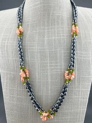 Vintage Beaded Necklace Hematite Shell Aventurine Triple Strand Gold Tone 24”