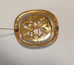 Art Nouveau Unique Brooch Enamel 1940s, Cut out Gold Tone Cranes Asian Export