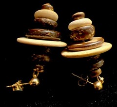 Vintage Retro Wood Gold Bead Discs Bohemian French Wire Earrings Studs Lot Of 2