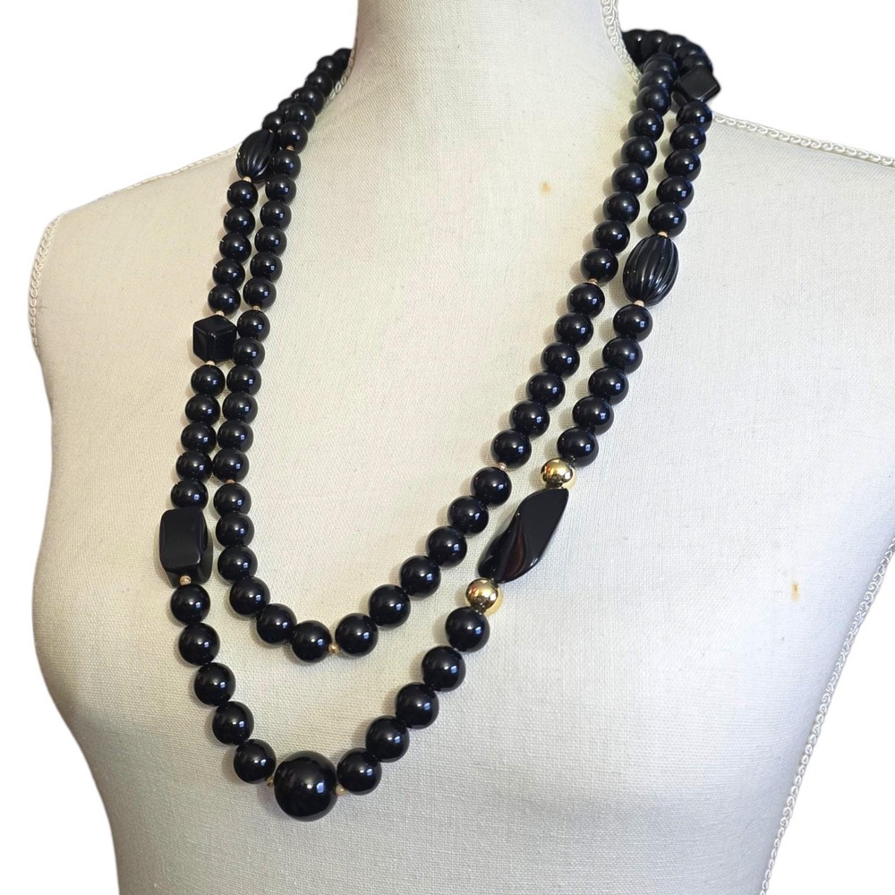 Vintage Necklace Black Beaded Gold Tone Clasp Double Strand 26″ SKU2510