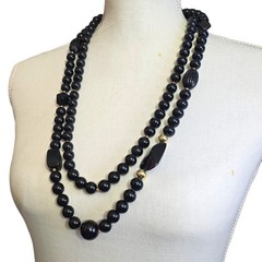 Vintage Necklace Black Beaded Gold Tone Clasp Double Strand 26″ SKU2510