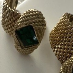 Vintage Gold Tone Mesh Cufflinks Green Square Stone Bullet Back