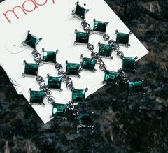 Green Rhinestone Earrings Dangle Silver tone Boho 80’s style Macy’s Vintage 2 in