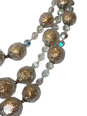 Vintage Mid-Century 3-Strand Beaded Gold Clear AB Acrylic Necklace 15 inch Japan
