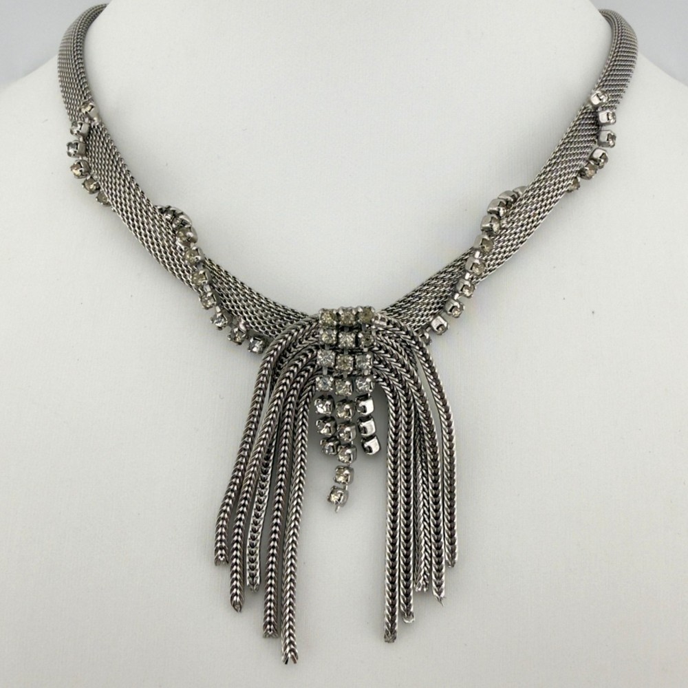 Vintage Mesh Tassel Necklace Rhinestone Silver Tone Dangling Collar