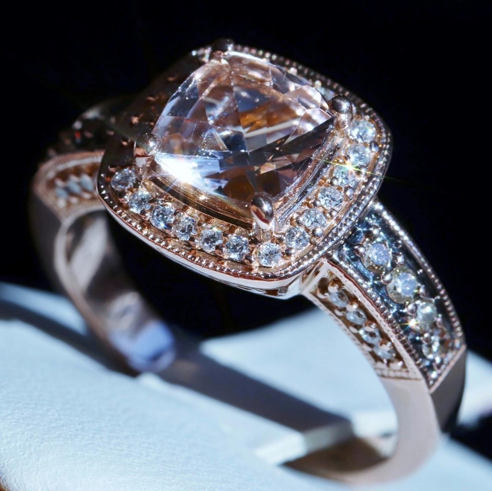 14k rose gold ring 1.45ct morganite natural diamond sz 7 halo 5.50g LeVian N3040
