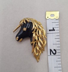 Vintage Enameled Designer Quality Black Unicorn Brooch Fantasy Core 2 Inch Chic