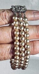Vintage Triple Strand Faux Pearl Bracelet With Fancy Rhinestone Clasp 6.5”