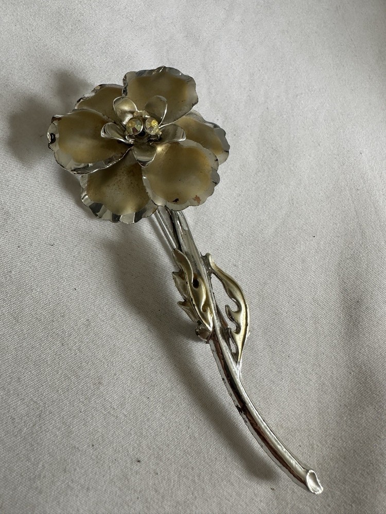 Vintage Flower Power Brooch Aurora Borealis Rhinestone Retro Statement Jewelry