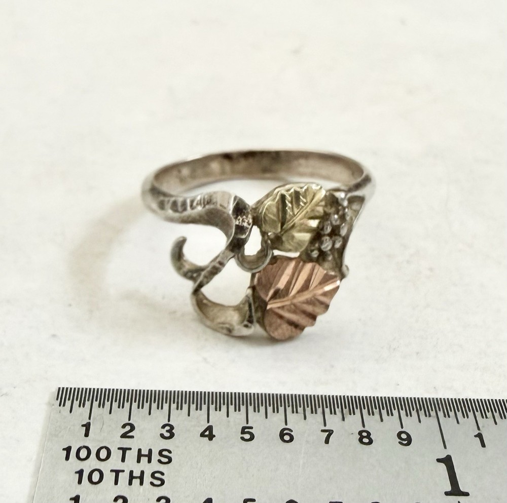 Vintage Sterling Silver Black Hills Gold Leaf Ring Sz 6.25