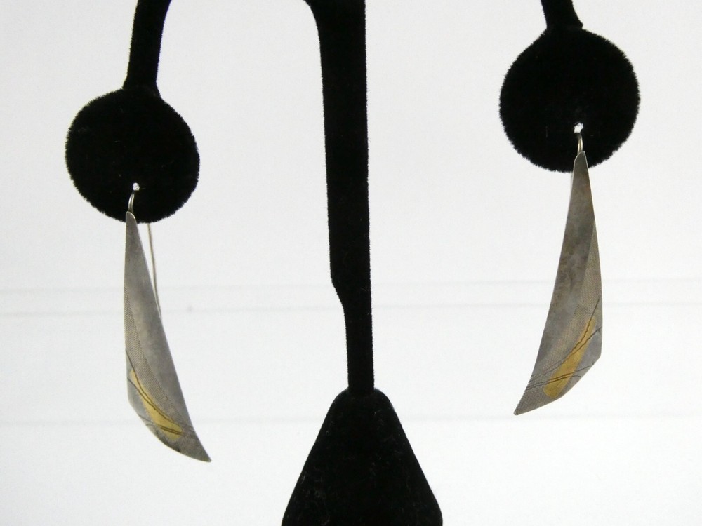 Vintage Grendl Signed Artisan Sterling Silver and Gold Hook Earrings 4g 2 1/8 In