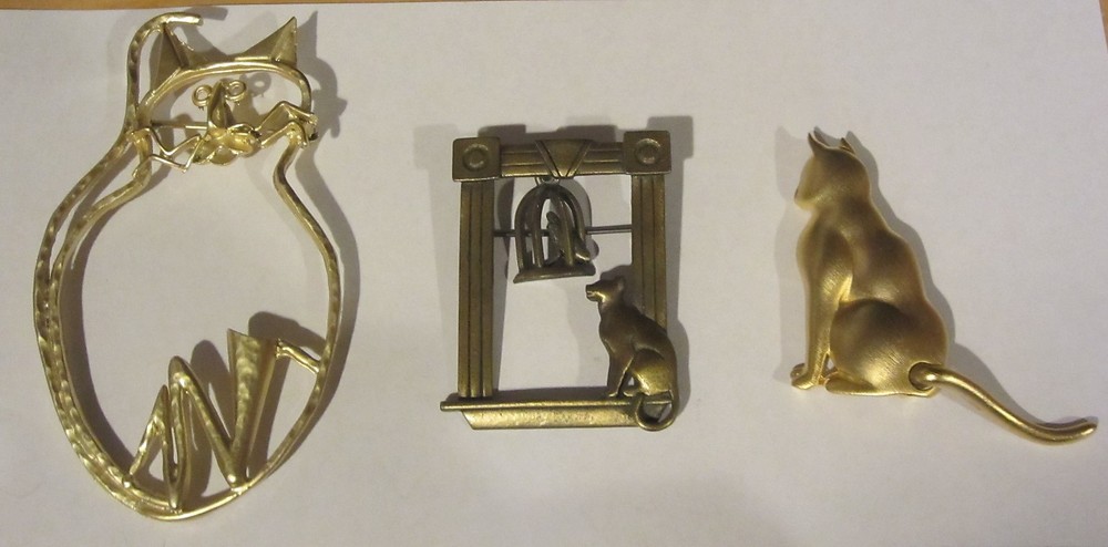 Vintage Cat Pins signed J.J. cat and bird / cage cat articulated tail