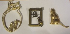 Vintage Cat Pins signed J.J. cat and bird / cage cat articulated tail