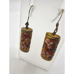 Vintage Cloisonne Style Floral Barrel Dangle Earrings Gold Tone Boho Chic