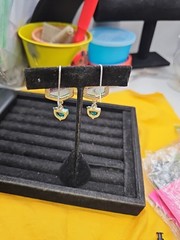 Earrings-Pierced French Wire Silvertone Geometric Yellow Glass Stones Green…