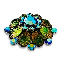 Vintage Unsigned Judy Lee Molded Lava Glass Peacock AB Rhinestone Flower Brooch