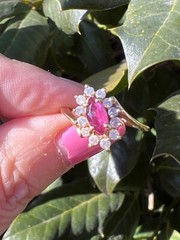 VINTAGE 14K YELLOW GOLD RED NAVETTE MARQUISE CUT GENUINE RUBY AND DIAMONDS RING