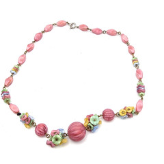 Art Deco Pink Satin Flower Melon Molded Glass Beaded 16.5″ Antique Necklace