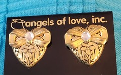 VTG-1995 “Angels of Love” Gold Tone Floral Heart & Rhinestone Earrings By Jane