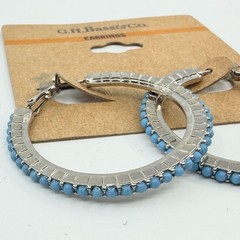 VTG G.H. Bass & Co Silver Tone Blue Seed Bead Accent Border Medium Hoop Earrings