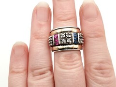Vintage Sterling Gold Inlay Multi Gemstone Ruby Sapphire Wide Ring Band Sz 5.25