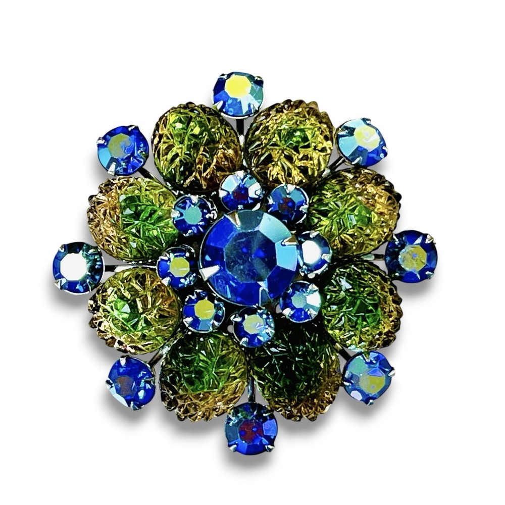Vintage Unsigned Judy Lee Molded Lava Glass Peacock AB Rhinestone Flower Brooch