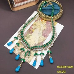 Victorian Turquoise & Emerald Green Statement Necklace Set Vintage Gold Jewelry